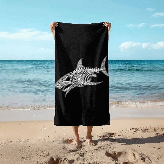 tribal design skeleton shark Beach Towels
