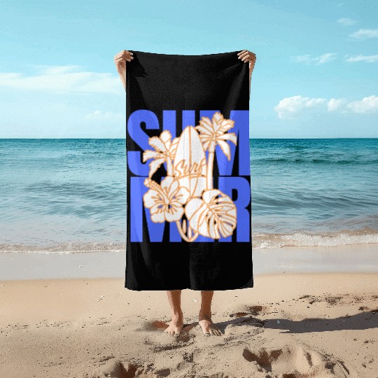 Summer Surfboard & Palm Tree Tropical Design Beach Towels
