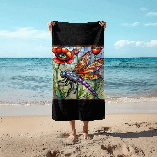 Dragonfly stained glass poppy flower insect eye Beach Towels