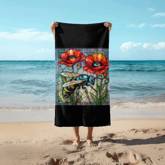 Wasp hornet bee stained glass vibrant poppy flower Beach Towels
