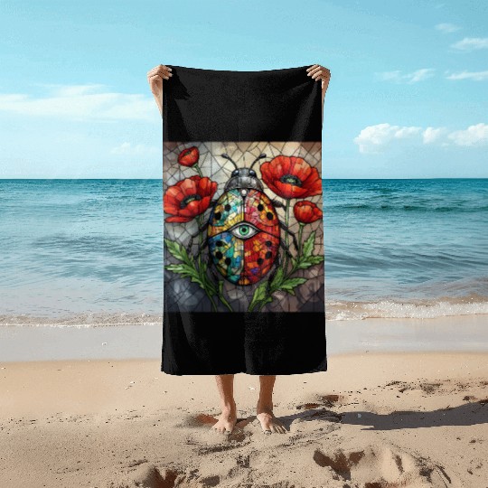 Ladybug stained glass vibrant poppy flower insect Beach Towels