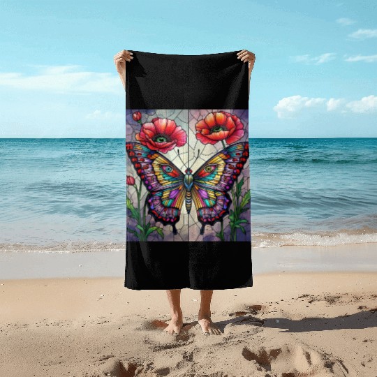 Butterfly stained glass design vibrant poppy Beach Towels