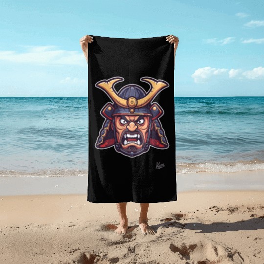 Angry samurai warrior head with helmet Beach Towels