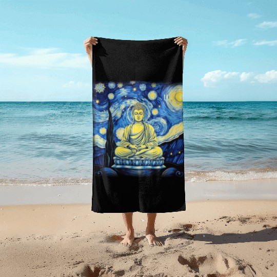 Starry Night Buddha Zen Art Inspired by Van Gogh Beach Towels