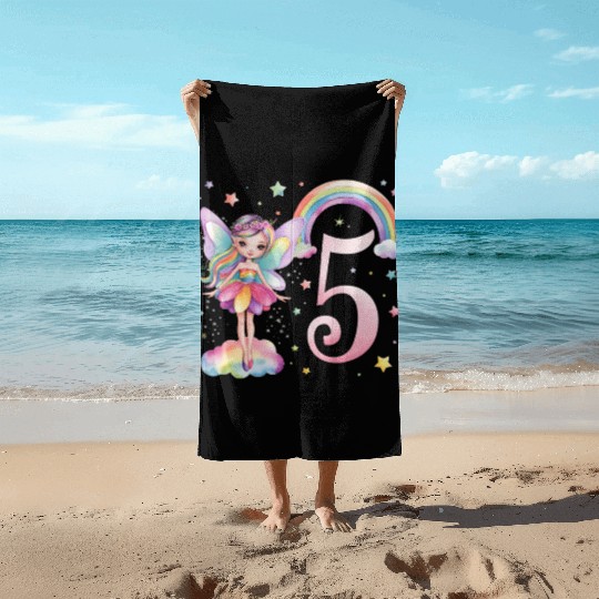 Magical Rainbow Fairy Elf 5th Birthday Girl Beach Towels