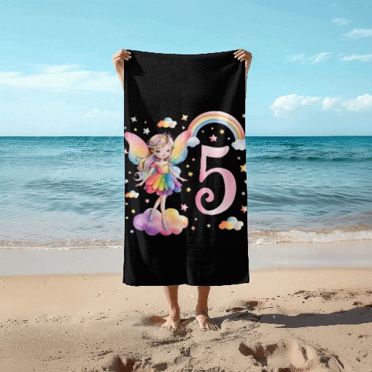Magical Rainbow Fairy Elf 5th Birthday Girl Beach Towels