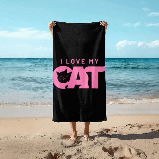 I Love My Cat – Cute Pink Cat Face Graphic Beach Towels