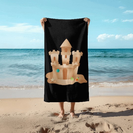 Sandcastle with Shells and Starfish on the Beach Beach Towels