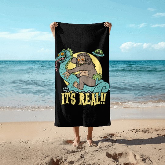 Bigfoot Rides Nessie UFO Cryptid Monster Mayhem Beach Towels