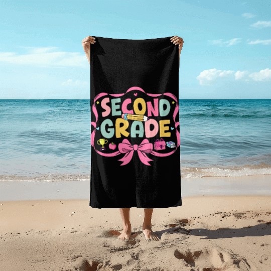 Preppy Back To School Second Grade Coquette Bow Beach Towels