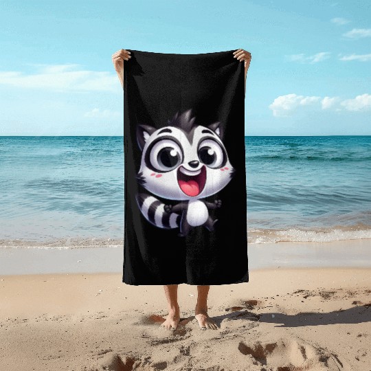 Kawaii raccoon cartoon joy cute fun kids Beach Towels