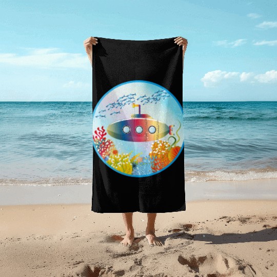 Colorful Submarine in a Tropical Coral Reef Beach Towels