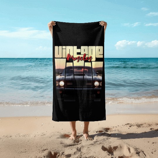 Vintage Muscle Car Sunset Poster Retro American Beach Towels