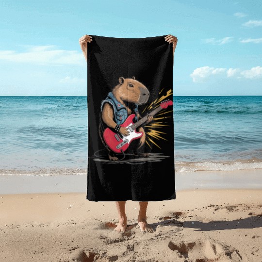 Cool Capybara Playing Electric Guitar Beach Towels