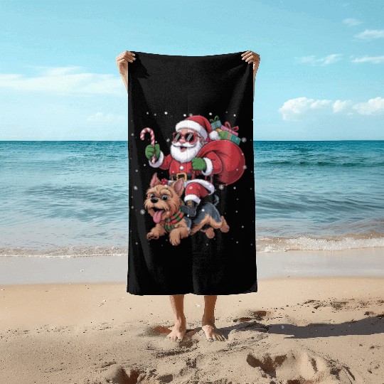Santa Claus Yorkie Dog Christmas In July Beach Towels