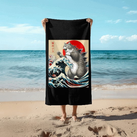Catzilla Cat Japanese Art Funny Cat Beach Towels