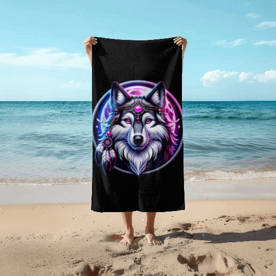 Mystic Wolf with Dreamcatcher Aura Beach Towels