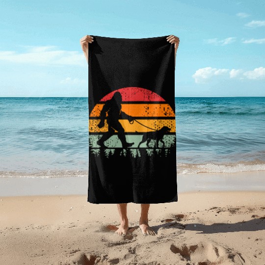 Bigfoot Running Dog Sunset Retro Beach Towels