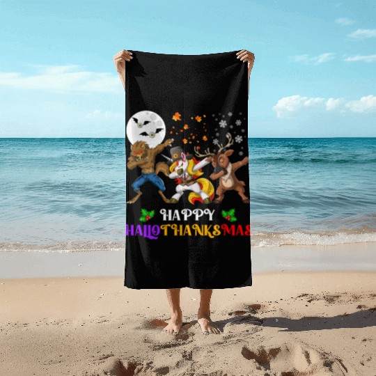 Happy Hallothanksmas Dabbing werewolf Unicorn Deer Beach Towels