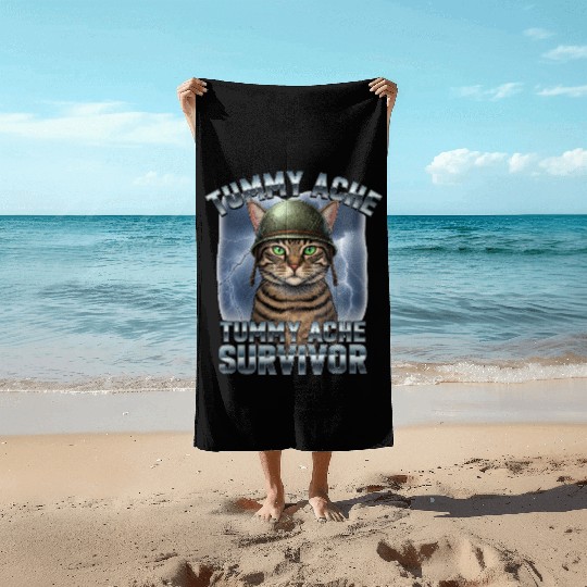 Funny Brave Cat Tummy Ache Survivor Meme Art Beach Towels