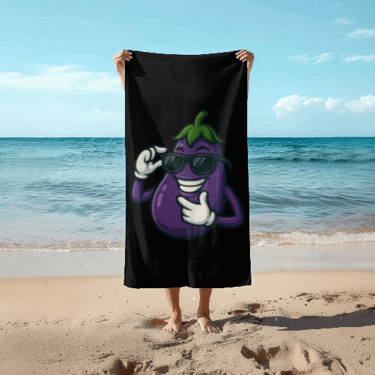 Cool eggplant vegetable design with sunglasses car Beach Towels
