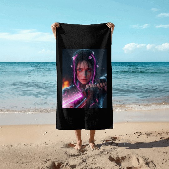 Cyberpunk Samurai Girl Beach Towels