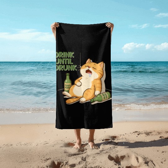 Humorous Cat Drinking Alcohol Meme Design Beach Towels