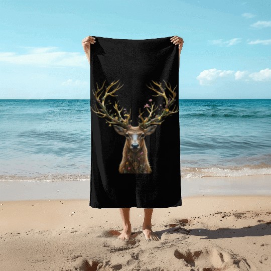 Enchanted Forest Deer Illustration Beach Towels