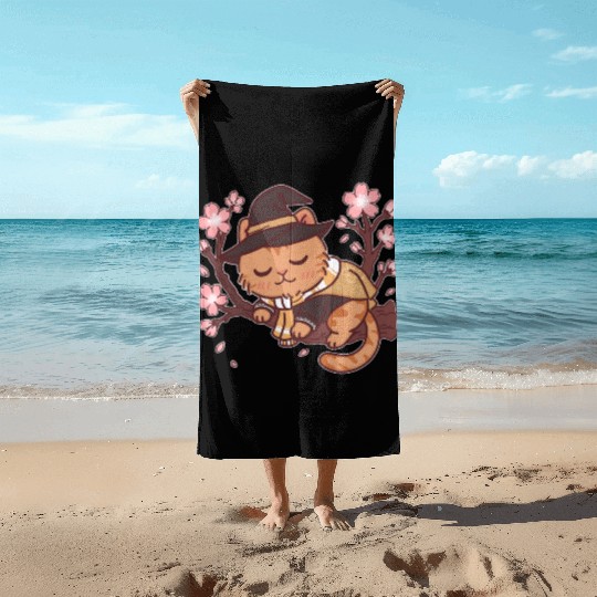 Whimsical Witch Cat in Cherry Blossom Tree Beach Towels