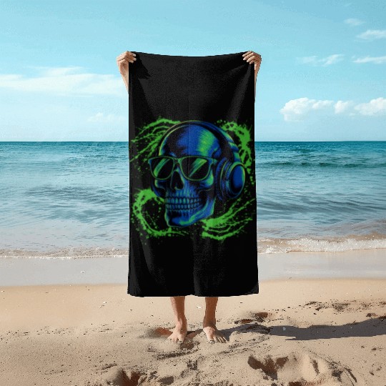 Neon Beats Skull – Music Never Dies Beach Towels