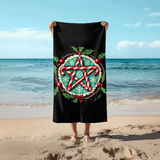 Yule Pentacle with Candy Canes Pagan Holiday Desig Beach Towels