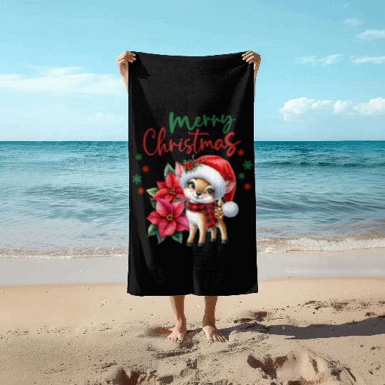 Festive Christmas Puppy with Poinsettia Beach Towels