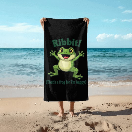 Happy Frog with Ribbit Text Beach Towels