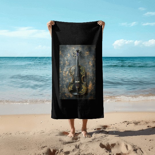 Elegant Black and Gold Violin Beach Towels