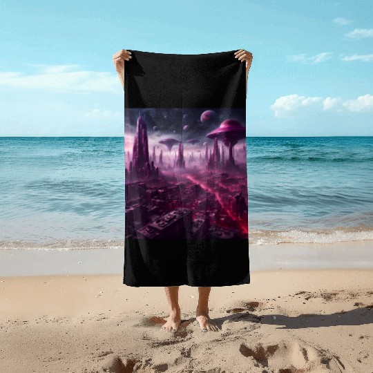 Sci-Fi Future World And Alien City in Neon Pink Beach Towels
