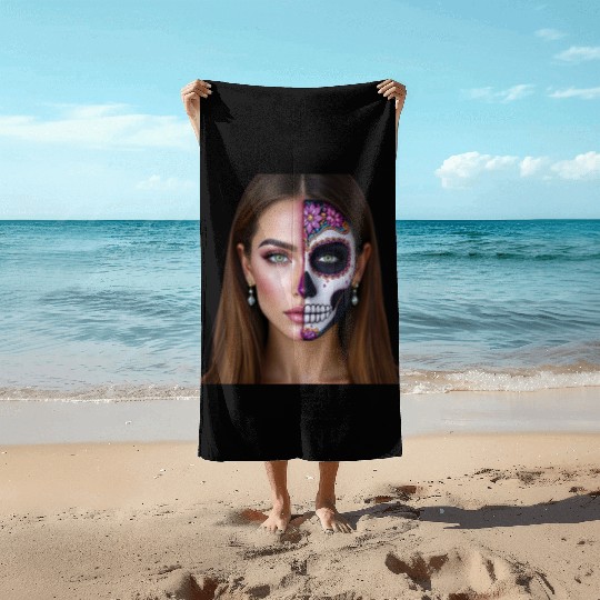 Day of the Dead Sugar Skull Face Art Beach Towels