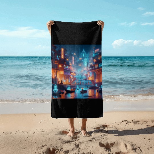 Neon Cityscape at Night Beach Towels