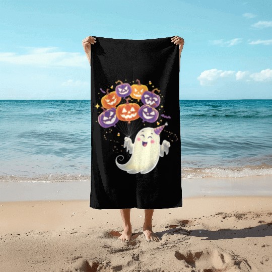 Halloween Ghost with Jack-o'-Lantern Balloons Beach Towels