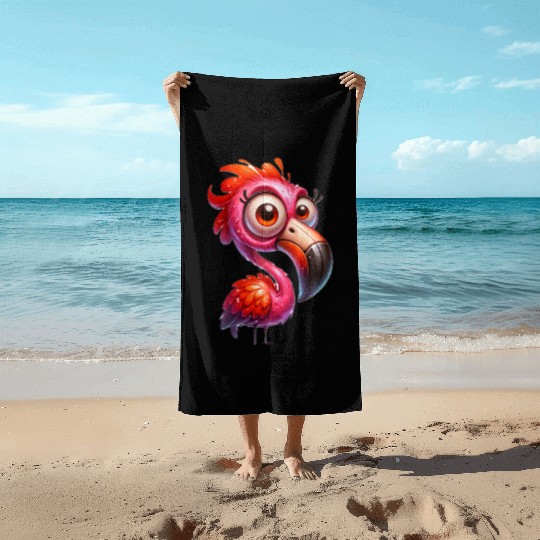 Whimsical Pink Flamingo Cartoon Style Beach Towels