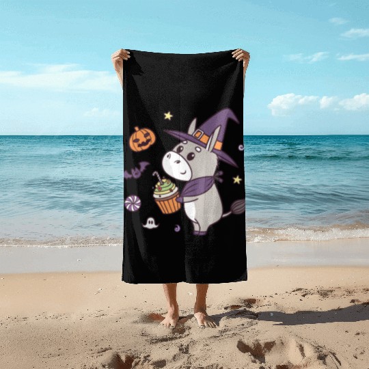 Whimsical Halloween Witch Pony Design Beach Towels