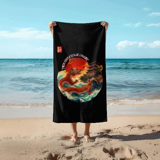Japanese Dragon and Pagoda Sunset Art Beach Towels