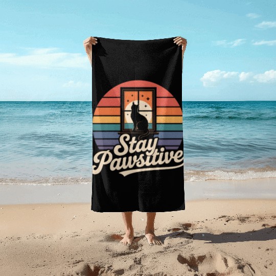 Stay Pawsitive Retro Cat Window Starry Night Beach Towels