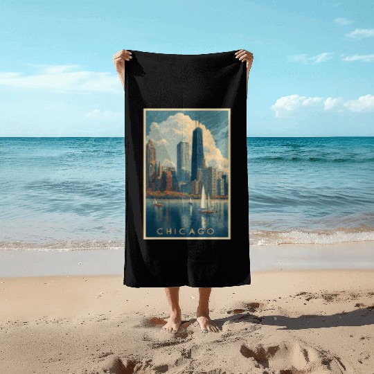 Chicago Skyline with Sailboats Beach Towels