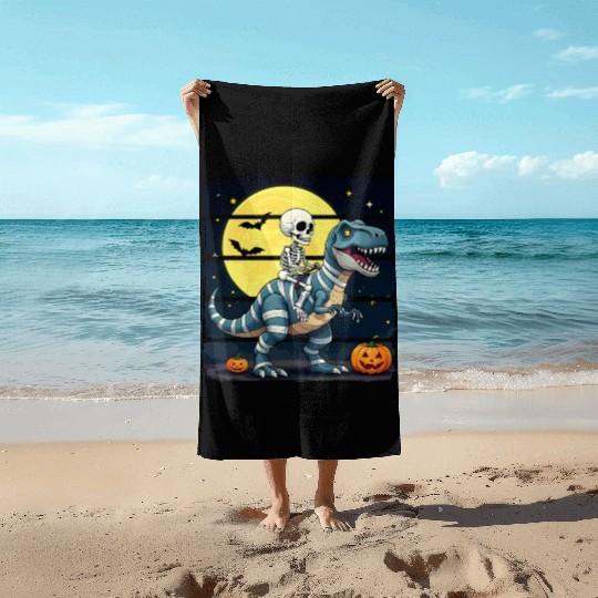 Skeleton Riding Mummy Dinosaur Funny Halloween Beach Towels