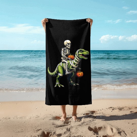 Skeleton Riding Mummy Dinosaur Funny Halloween Beach Towels