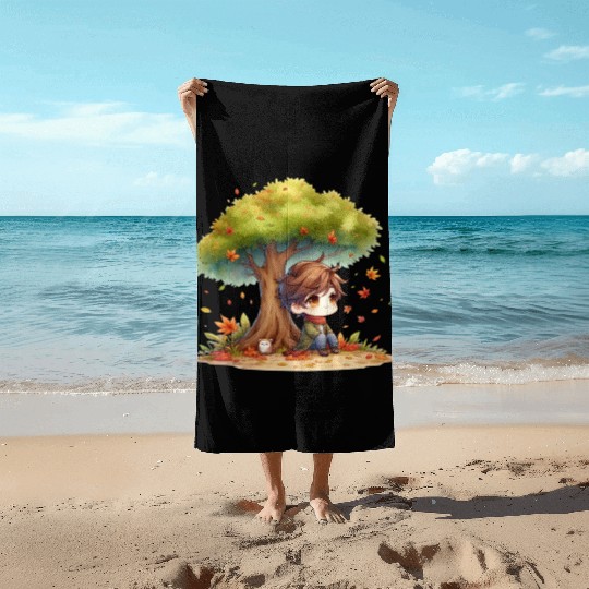 Autumn Serenity Chibi under a Maple Tree Beach Towels