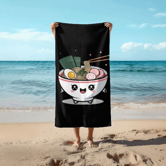 Cute Kawaii Ramen Bowl and Happy Sushi Friends Beach Towels