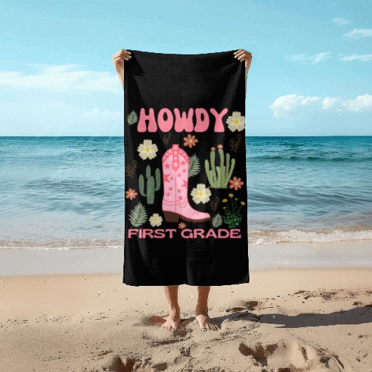 Howdy First Grade Kids Beach Towels, Cowgirl First Day