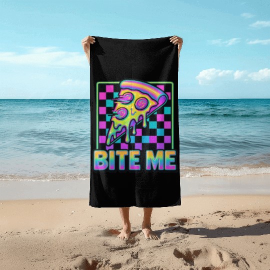 Bite Me – Y2K Glitch Pizza Neon Beach Towels
