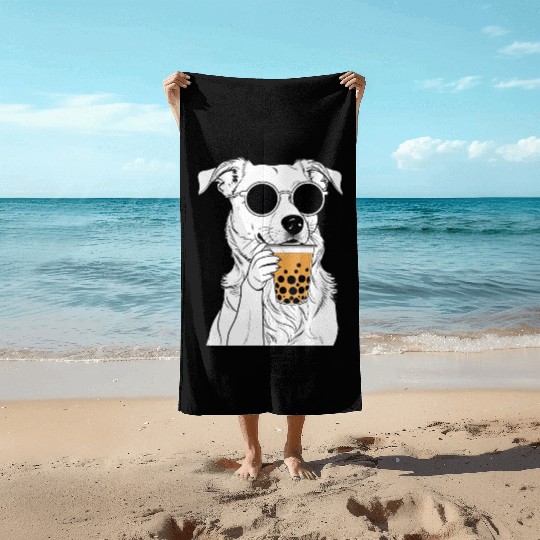Chill Dog with Sunglasses and Bubble Tea Beach Towels